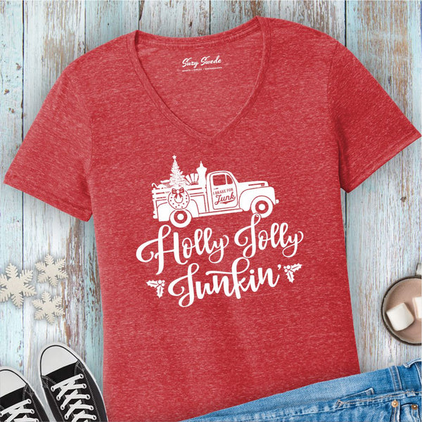 Holly Jolly Junkin' Ladies V-Neck T-Shirt | Red