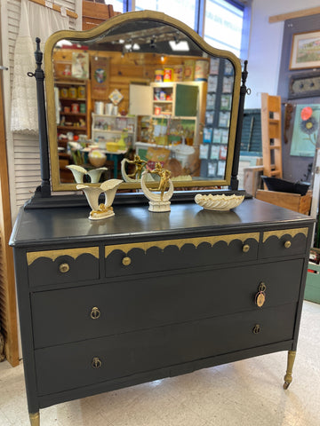 Black & Gold Vintage Dresser with Mirror