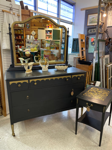 Black & Gold Vintage Dresser with Mirror